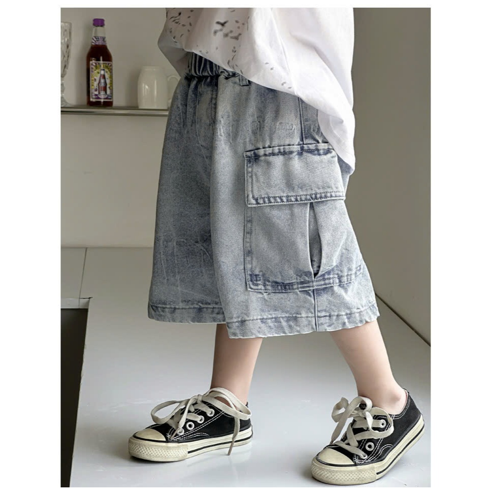 Quần short jean TÚI HỘP from rộng phong cách cá tính năng động cho bé đi học đi chơi size 10-30kg,quần jean bé trai
