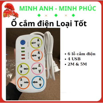 Ổ cắm điện đa năng thông minh 2200w có cổng USB tiện lợi an toàn chống giật chống, 6 ổ cắm 4 usb