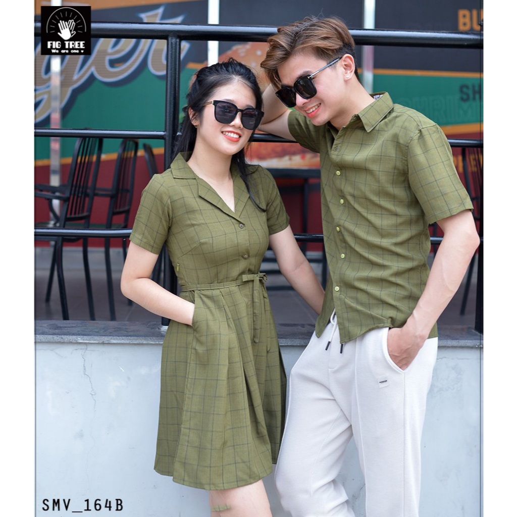 Đồ Đôi Nam Nữ Fig Tree Caro Xanh Rêu, Áo Sơ Mi Nam, Váy Nữ Cổ Vest, Hàng thiết kế ( Mã Số 164B)