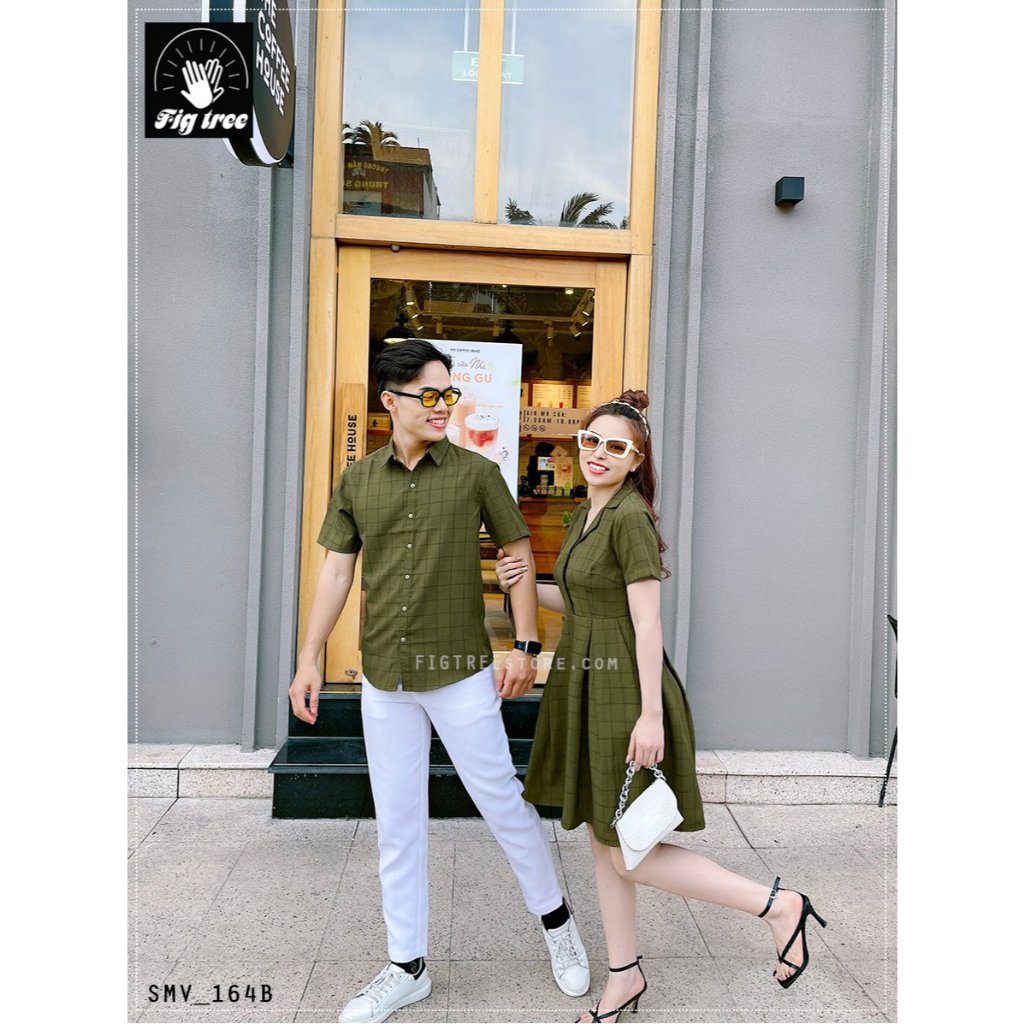 Đồ Đôi Nam Nữ Fig Tree Caro Xanh Rêu, Áo Sơ Mi Nam, Váy Nữ Cổ Vest, Hàng thiết kế ( Mã Số 164B)