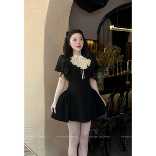Đầm váy nữ dáng ngắn cổ ly phối bèo sang chảnh, Đầm váy nữ cộc tay cổ sen chiết eo bồng xoè tke sang chảnh