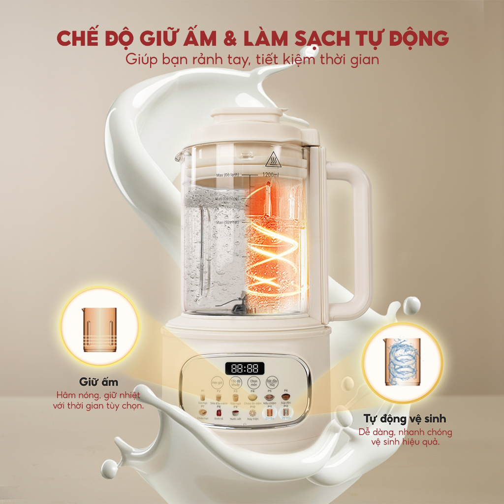Ảnh Máy làm sữa hạt thủy tinh Masuto MSPLUS, dung tích 1,2L chống dính, 12 chế độ nấu thông minh 3