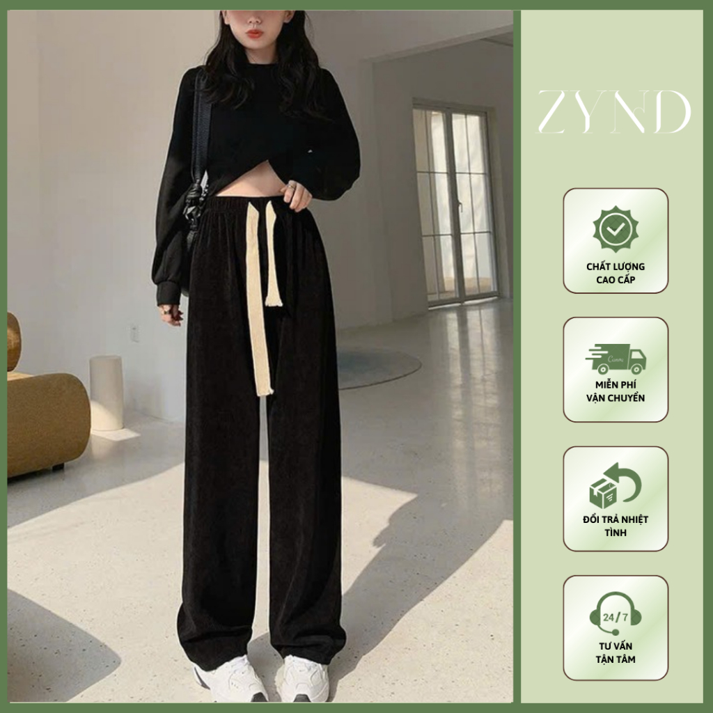 Quần nỉ thun tăm ống rộng ZYND cạp cao có dây rút mẫu mới AT-M909
