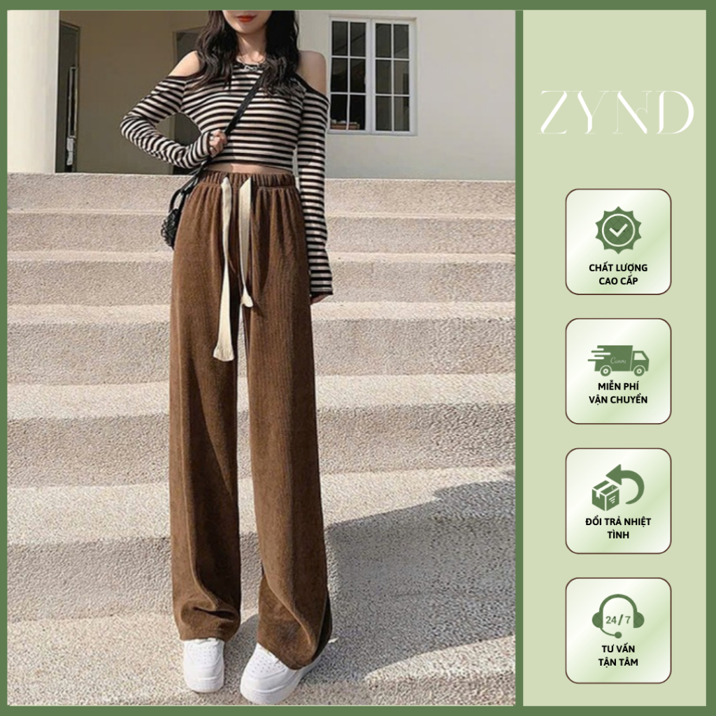 Quần nỉ thun tăm ống rộng ZYND cạp cao có dây rút mẫu mới AT-M909