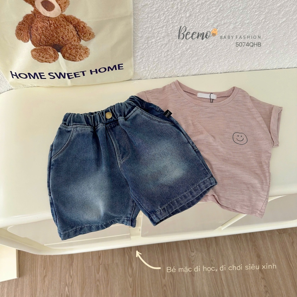 Quần sóc bò bé trai, quần shorts jeans phối tag da cá tính cho bé trai 5074QHB