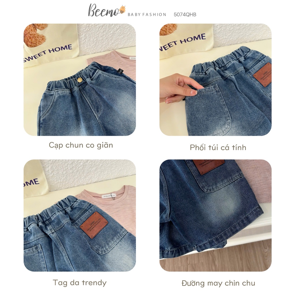Quần sóc bò bé trai, quần shorts jeans phối tag da cá tính cho bé trai 5074QHB