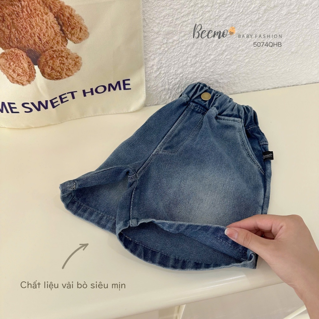 Quần sóc bò bé trai, quần shorts jeans phối tag da cá tính cho bé trai 5074QHB
