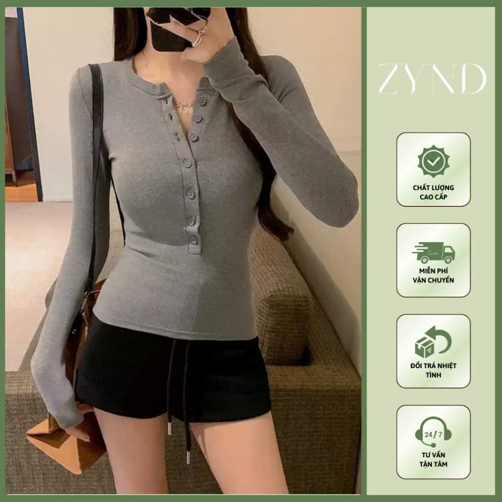 ÁO THUN BODY DÀI TAY ZYND Áo thun có cúc ngực ôm body tôn dáng vải mịn -AT-M129