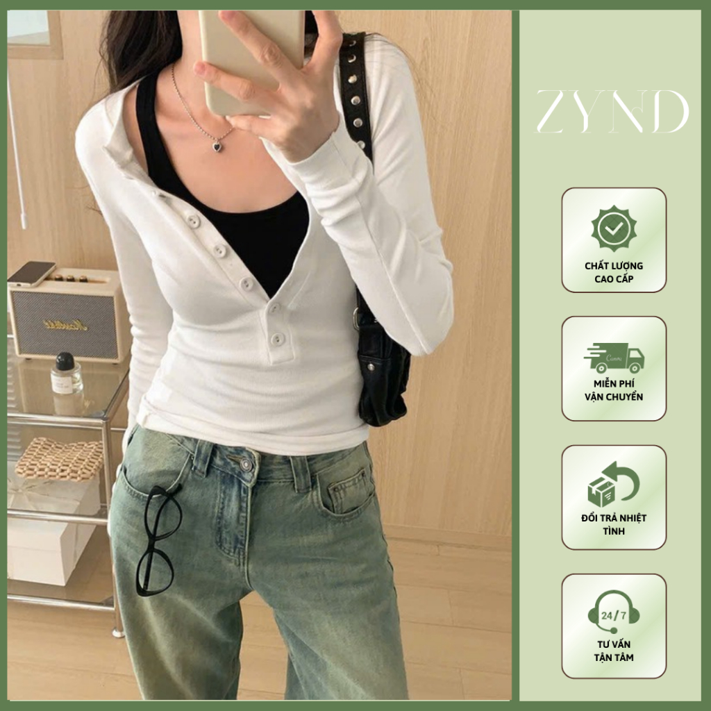 ÁO THUN BODY DÀI TAY ZYND Áo thun có cúc ngực ôm body tôn dáng vải mịn -AT-M129