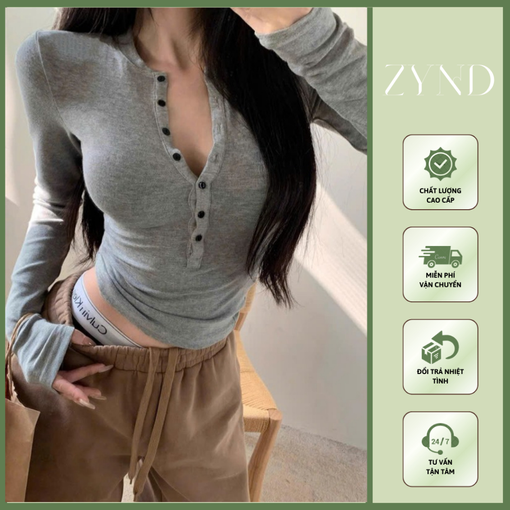 ÁO THUN BODY DÀI TAY ZYND Áo thun có cúc ngực ôm body tôn dáng vải mịn -AT-M129