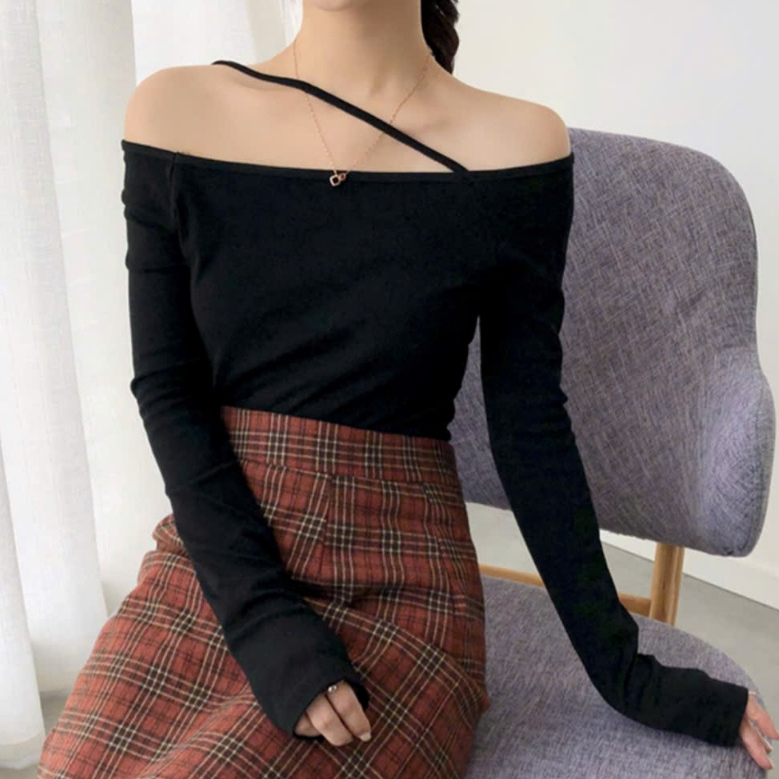Áo Dài tay Trễ Vai RANSHI Thiết Kế Dây Ngang Vai Ôm Body Tôn Dáng Kiểu Basic Dễ Phối Đồ Chất Thun Gân Dày Dặn - RA259