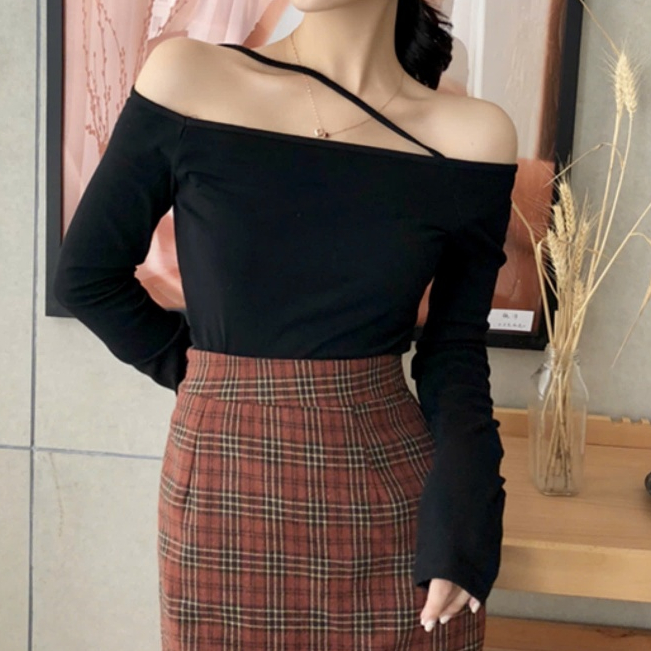 Áo Dài tay Trễ Vai RANSHI Thiết Kế Dây Ngang Vai Ôm Body Tôn Dáng Kiểu Basic Dễ Phối Đồ Chất Thun Gân Dày Dặn - RA259