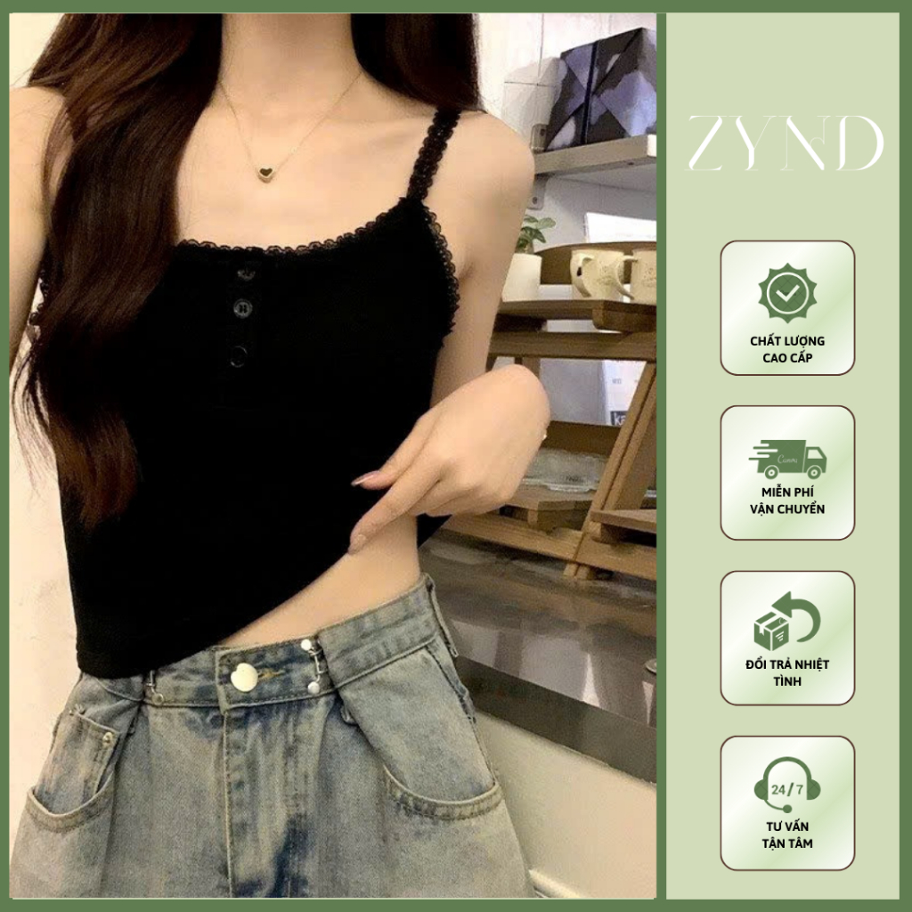 ÁO 2 DÂY ZYND - Áo 2 dây viền ren crop phối 3 cúc ngực ôm body nữ - DC-M707