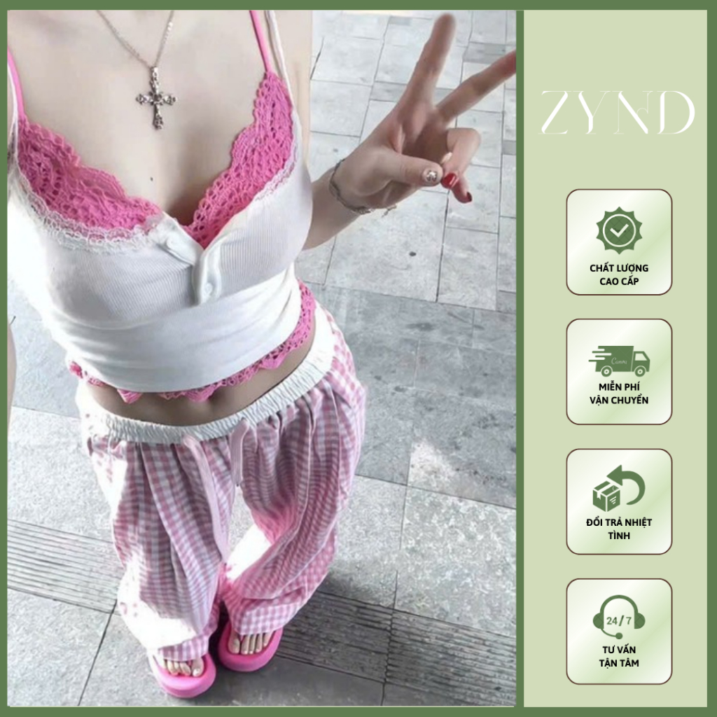 ÁO 2 DÂY ZYND - Áo 2 dây viền ren crop phối 3 cúc ngực ôm body nữ - DC-M707