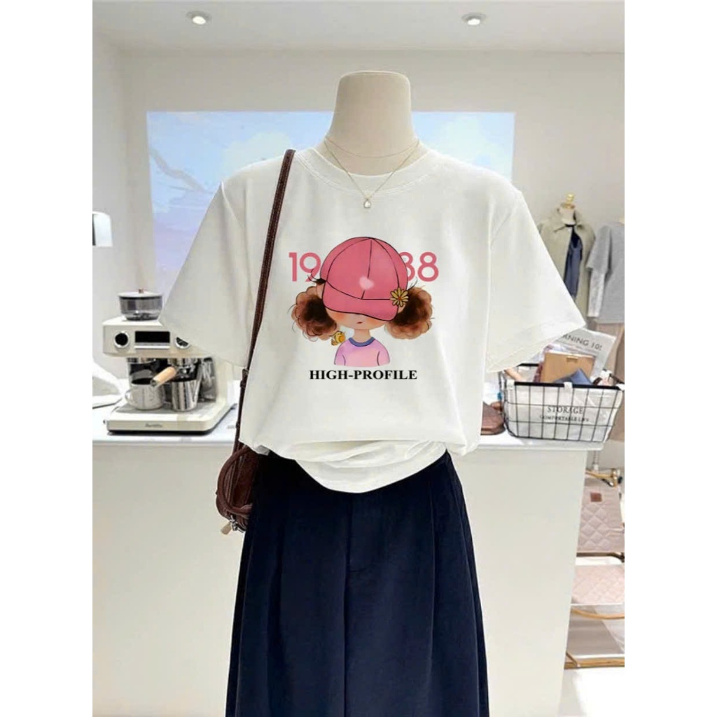 Áo thun nữ ngắn tay hình cá tính JULYfashion, Áo phông nữ dáng rộng phông cách năng động, Cotton 100%