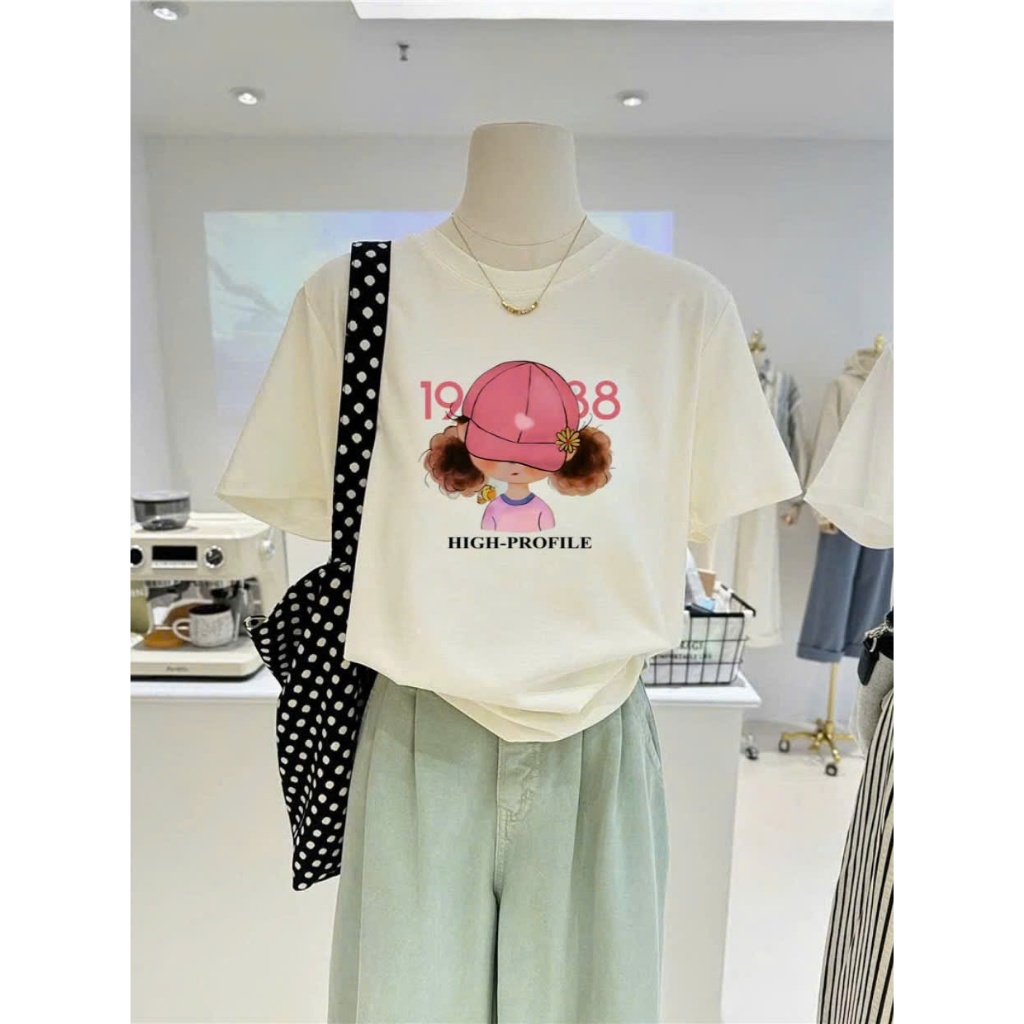 Áo thun nữ ngắn tay hình cá tính JULYfashion, Áo phông nữ dáng rộng phông cách năng động, Cotton 100%