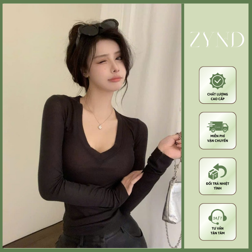 Áo thun tăm lông thỏ cổ V dài tay, áo thun trơn ôm body tôn dáng AT-M222_ZynD Clothing