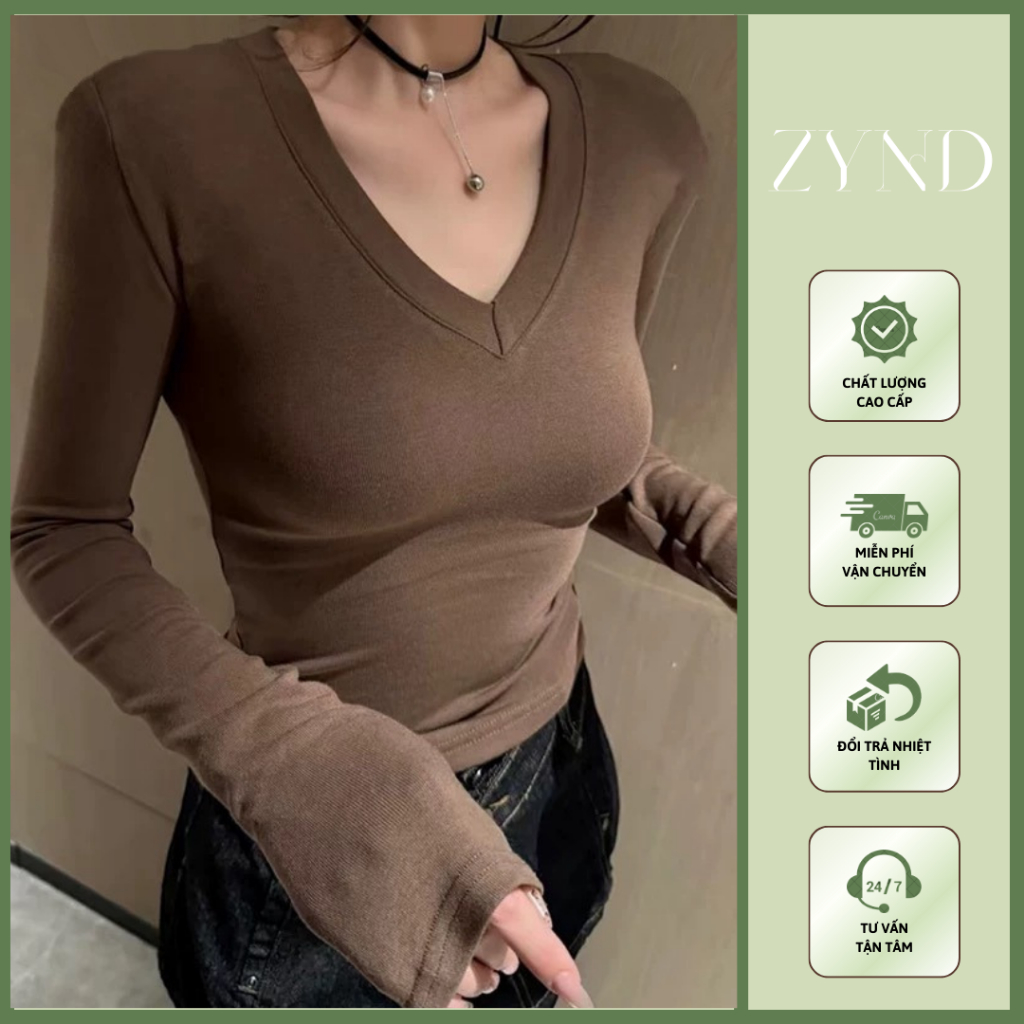Áo thun tăm lông thỏ cổ V dài tay, áo thun trơn ôm body tôn dáng AT-M222_ZynD Clothing