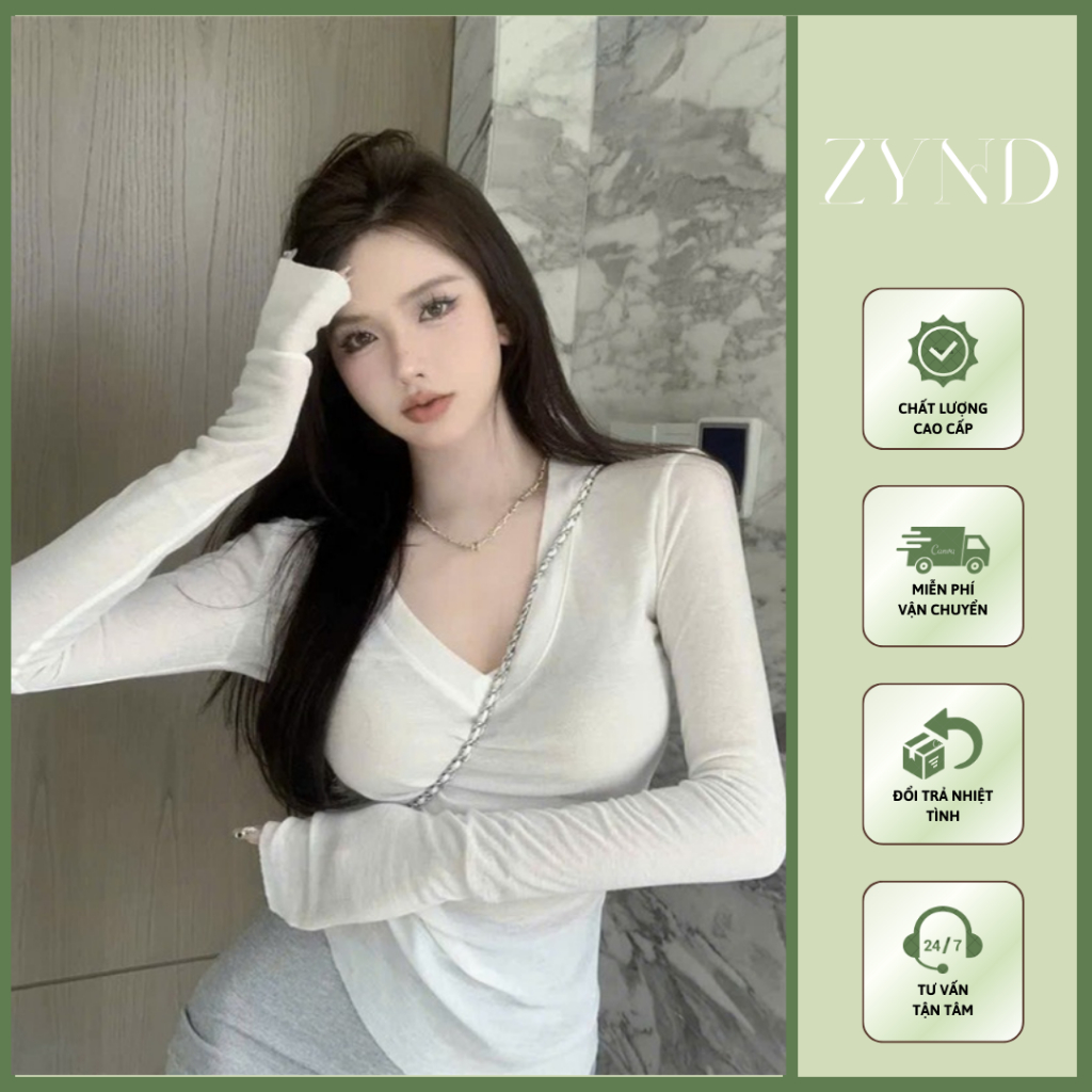 Áo thun tăm lông thỏ cổ V dài tay, áo thun trơn ôm body tôn dáng AT-M222_ZynD Clothing