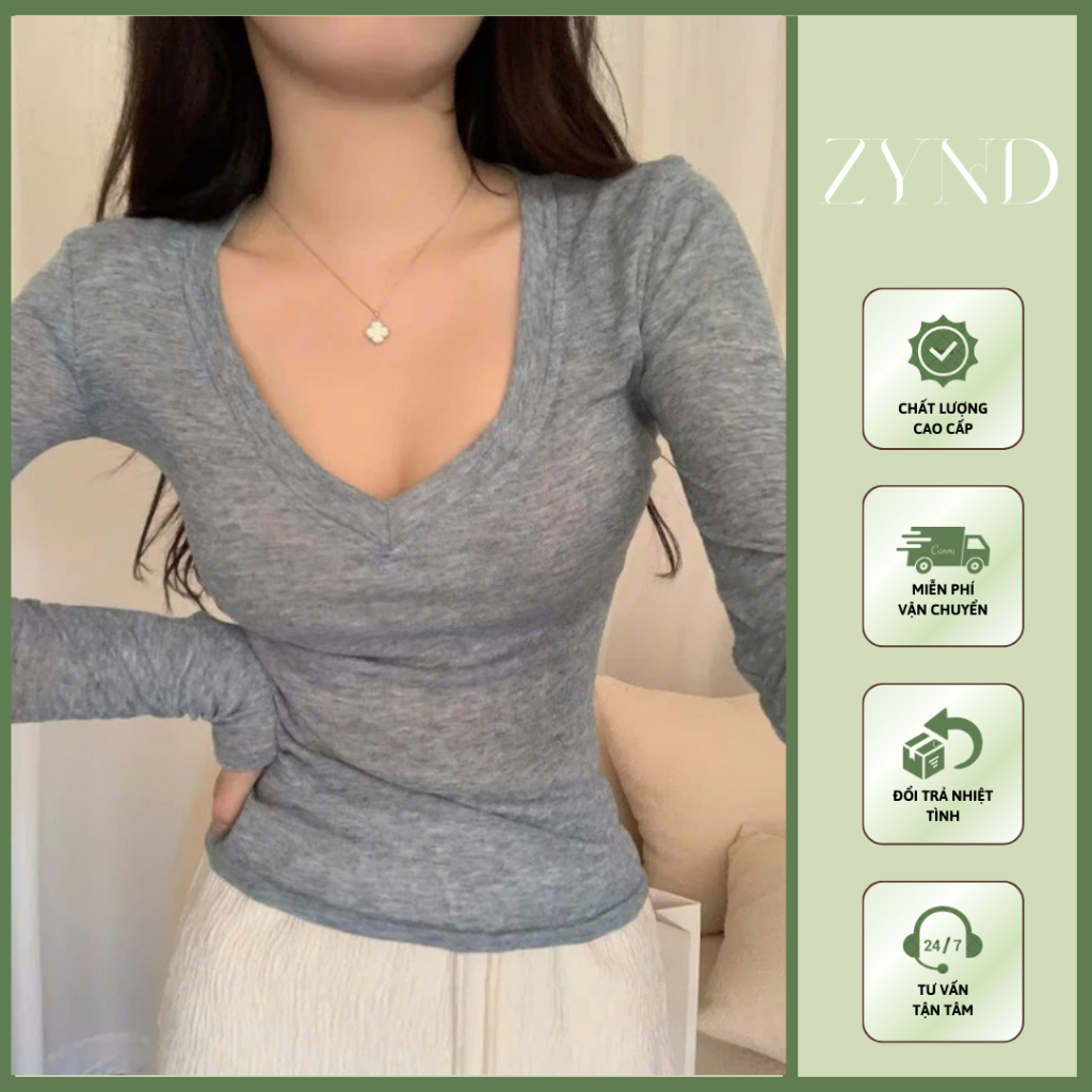 Áo thun tăm lông thỏ cổ V dài tay, áo thun trơn ôm body tôn dáng AT-M222_ZynD Clothing