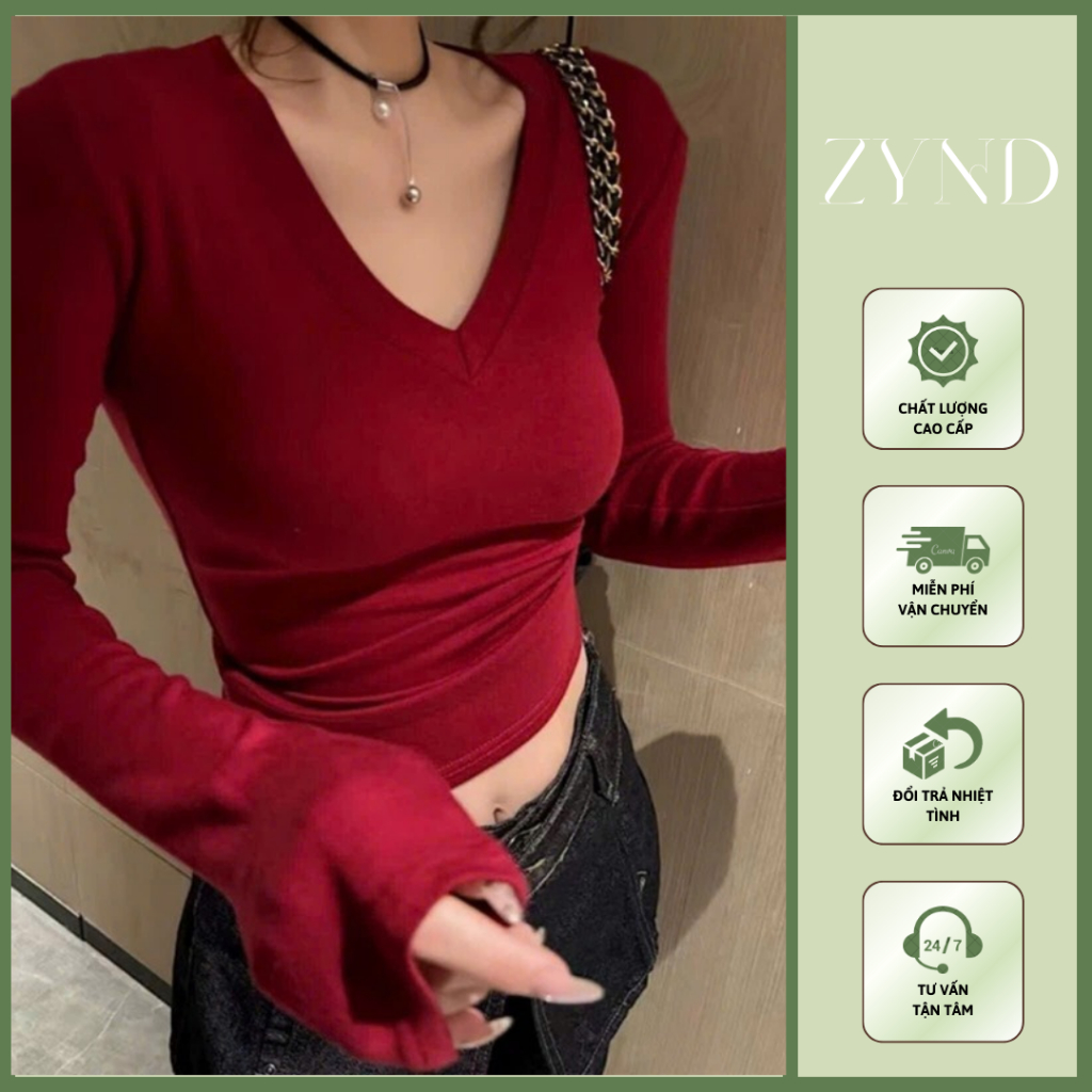 Áo thun tăm lông thỏ cổ V dài tay, áo thun trơn ôm body tôn dáng AT-M222_ZynD Clothing