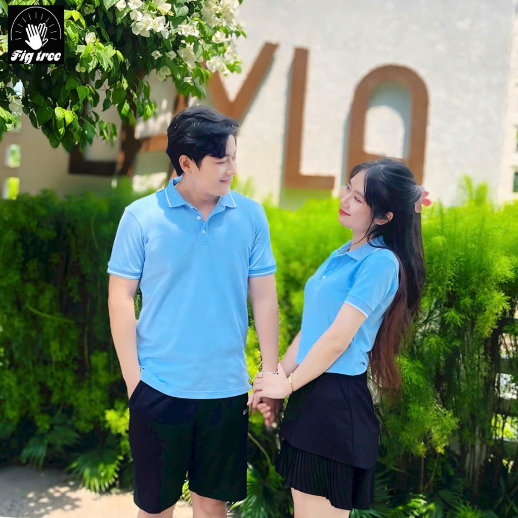 Combo Áo Thun Đôi Fig Tree Thun Polo Màu Xanh Da Trời Nhẹ Nhàng, Chất Cá Sấu Dày Dặn, Co Giãn