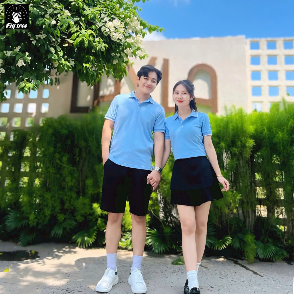 Combo Áo Thun Đôi Fig Tree Thun Polo Màu Xanh Da Trời Nhẹ Nhàng, Chất Cá Sấu Dày Dặn, Co Giãn