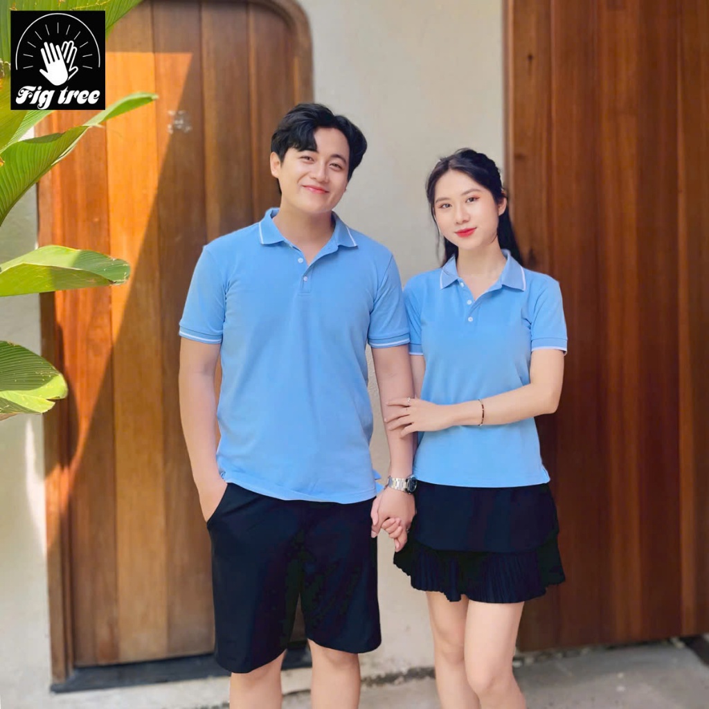 Combo Áo Thun Đôi Fig Tree Thun Polo Màu Xanh Da Trời Nhẹ Nhàng, Chất Cá Sấu Dày Dặn, Co Giãn