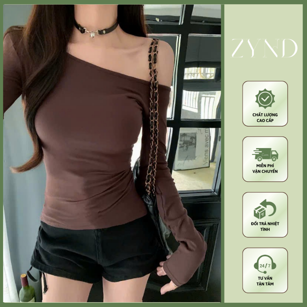 Áo thun ôm lệch vai basic, áo kiểu nữ trễ vai tay dài chất  thun tăm lông thỏ AT-M126_ ZynD Clothing