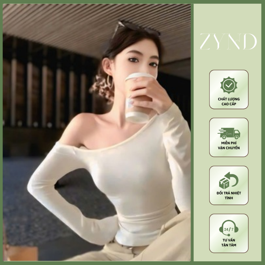 Áo thun ôm lệch vai basic, áo kiểu nữ trễ vai tay dài chất  thun tăm lông thỏ AT-M126_ ZynD Clothing