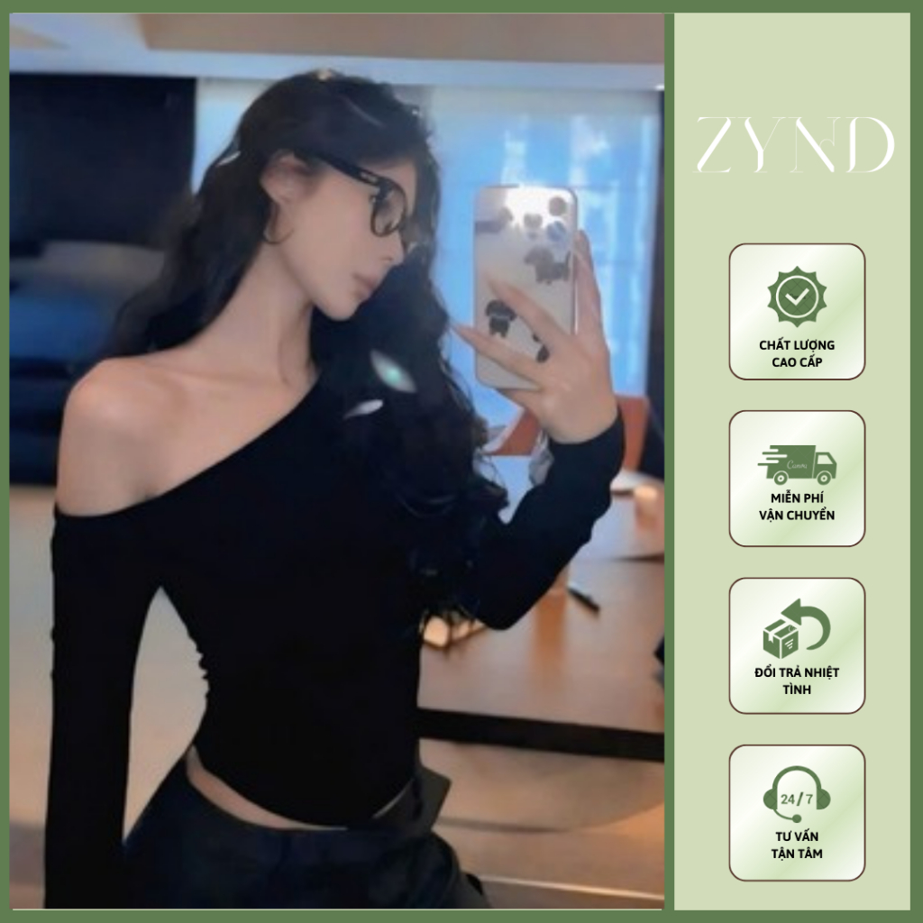 Áo thun ôm lệch vai basic, áo kiểu nữ trễ vai tay dài chất  thun tăm lông thỏ AT-M126_ ZynD Clothing