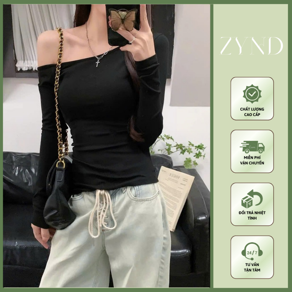 Áo thun ôm lệch vai basic, áo kiểu nữ trễ vai tay dài chất  thun tăm lông thỏ AT-M126_ ZynD Clothing
