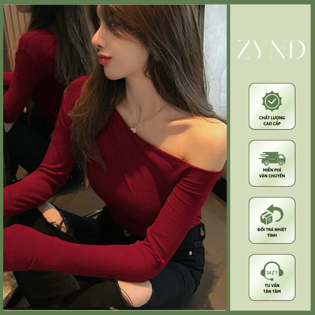 Áo thun ôm lệch vai basic, áo kiểu nữ trễ vai tay dài chất  thun tăm lông thỏ AT-M126_ ZynD Clothing