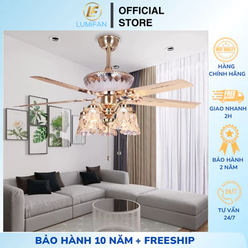 Quạt Đèn Trần Trang Trí LumiFan, Quạt Trần Đèn Decor Lõi Đồng, Quạt Trần Cánh Sắt Kèm Đèn Sang Trọng