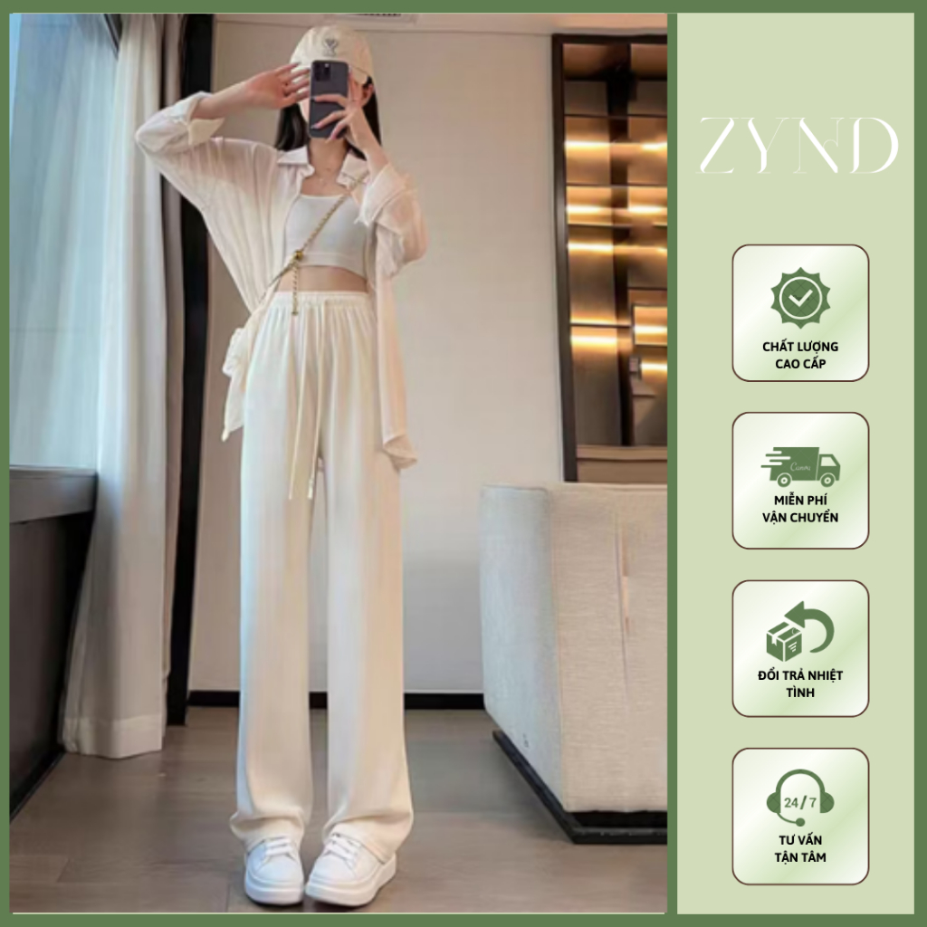 Quần vải ống rộng cho nữ, cạp cao sọc vân co giãn dáng dài giản dị AT-M110_ ZynD Clothing