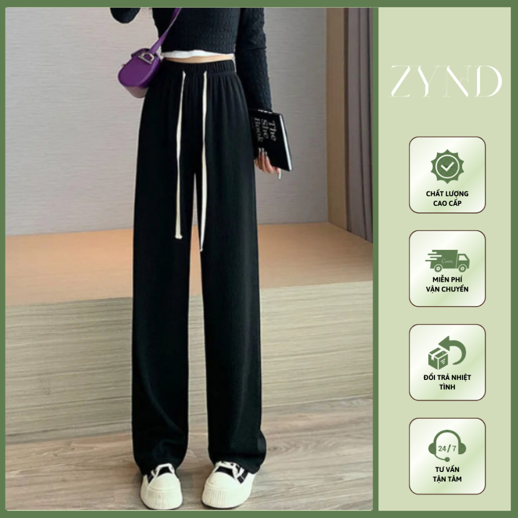 Quần vải ống rộng cho nữ, cạp cao sọc vân co giãn dáng dài giản dị AT-M110_ ZynD Clothing