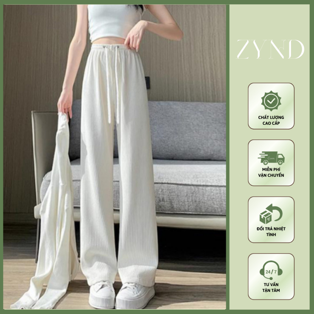 Quần vải ống rộng cho nữ, cạp cao sọc vân co giãn dáng dài giản dị AT-M110_ ZynD Clothing