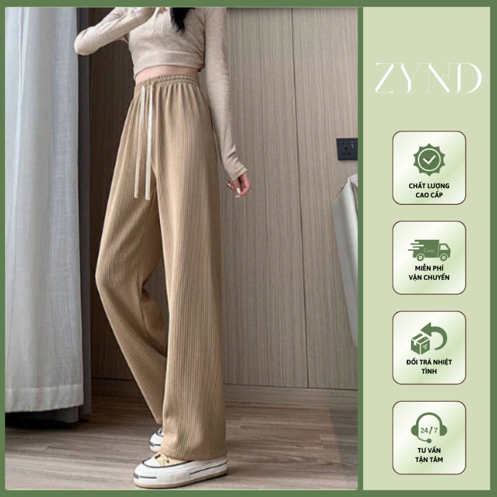 Quần vải ống rộng cho nữ, cạp cao sọc vân co giãn dáng dài giản dị AT-M110_ ZynD Clothing