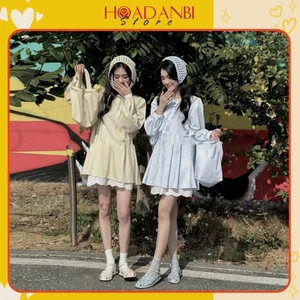Set Áo Babydoll Kẻ Cúc Bọc Cổ Pha Ren Tay Dài 2 Màu Mix Chân Váy Trắng Phối Ren Boi Hoadanbistore