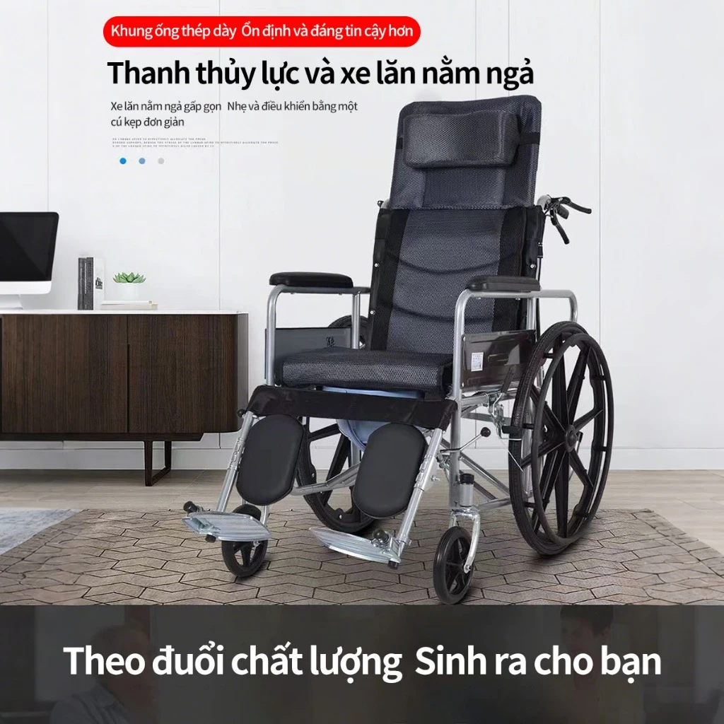 Xe lăn tay ngã lưng, có đệm và bô vệ sinh Xe lăn,đa năng - Có thể ngã thành giường