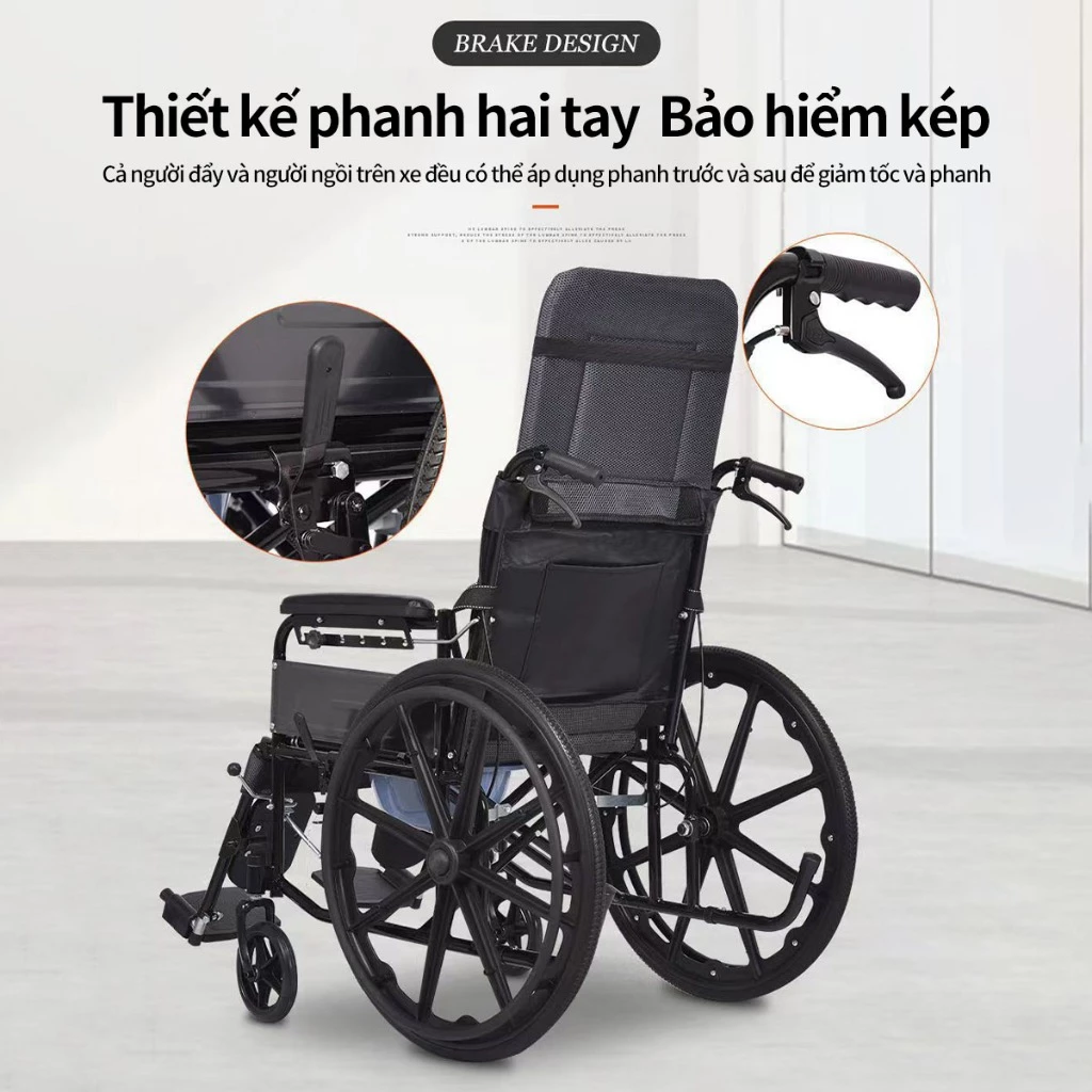 Xe lăn tay ngã lưng, có đệm và bô vệ sinh Xe lăn,đa năng - Có thể ngã thành giường