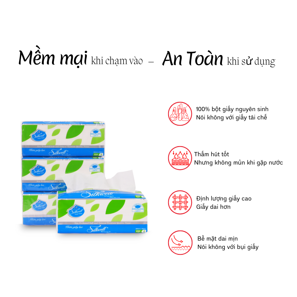 Thùng 9 gói Khăn giấy rút lụa Silkwell 250 tờ 2 lớp khổ lớn, giấy rút lụa siêu dai, mềm mại, thấm hút tốt