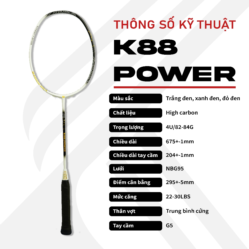 Ảnh Vợt cầu lông Kuno K88 power, công thủ toàn diện, hướng công, lối chơi tấn công nhanh, phản tạt, 4U 82gram ,căng sẵn 11kg 2