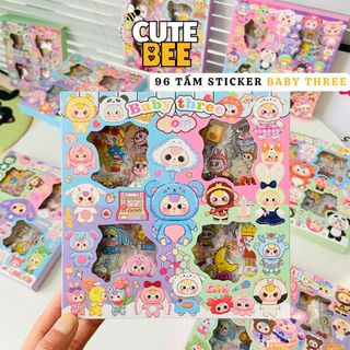 (Hỏa tốc Hà Nội) Hộp 96 tấm sticker BABY THREE chủ đề Thỏ thị trấn, Macaron, Tây Du Ký, 400%, 1000%