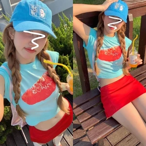 Áo thun croptop cộc tay màu xanh biển hoạ tiết miếng bưởi màu đỏ đáng yêu ABBT042 - Tiktik