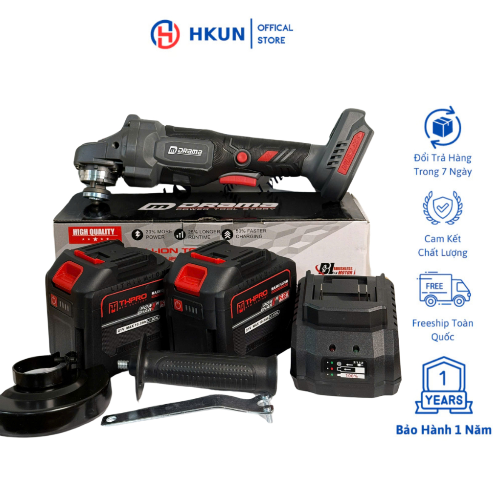 Combo Máy Mài Pin Drama 5122B Động Cơ Không Chổi Than Chân Pin Phổ Thông