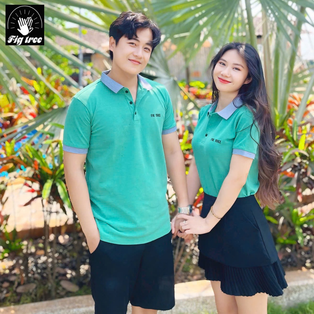 Combo Áo Đôi Thun Fig Tree Polo Cá Sấu Màu Xanh Cốm Tươi Mát Cho Ngày Hè, Chất Co Giãn, Có Size