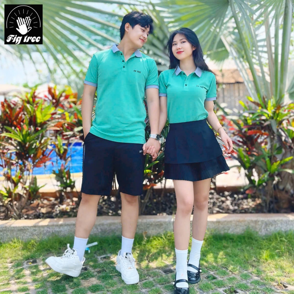 Combo Áo Đôi Thun Fig Tree Polo Cá Sấu Màu Xanh Cốm Tươi Mát Cho Ngày Hè, Chất Co Giãn, Có Size