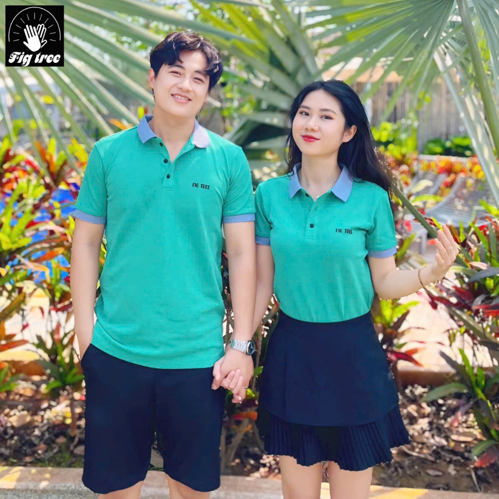 Combo Áo Đôi Thun Fig Tree Polo Cá Sấu Màu Xanh Cốm Tươi Mát Cho Ngày Hè, Chất Co Giãn, Có Size