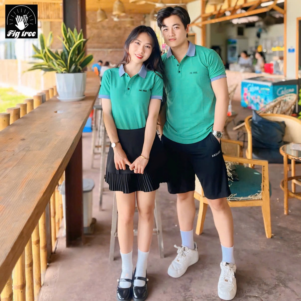 Combo Áo Đôi Thun Fig Tree Polo Cá Sấu Màu Xanh Cốm Tươi Mát Cho Ngày Hè, Chất Co Giãn, Có Size